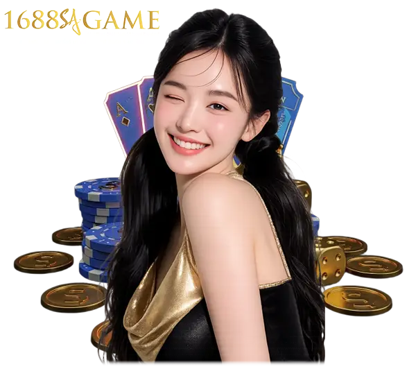 1688SAGAME ฮีโร่หน้าเว็บคาสิโน ภาพผู้หญิงยิ้มสดใสพร้อมเหรียญและชิปคาสิโน โทนทองหรู สื่อถึงโบนัสจัดเต็ม เกมบาคาร่าและสล็อตครบวงจร
