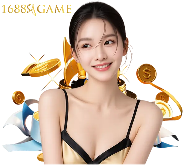 1688SAGAME ฮีโร่หน้าเว็บคาสิโน ภาพผู้หญิงชุดดำพร้อมกราฟิกเหรียญทองลอยรอบตัว โทนพรีเมียม สื่อถึงบาคาร่า สล็อต และโบนัสลุ้นรางวัลใหญ่