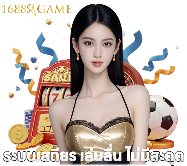 1688SAGAME ฮีโร่หน้าเว็บคาสิโน ภาพผู้หญิงพื้นหลังชิปและเหรียญทอง พร้อมข้อความระบบเสถียร เล่นได้ตลอด 24 ชั่วโมง สื่อถึงบาคาร่าและสล็อตออนไลน์ครบวงจร