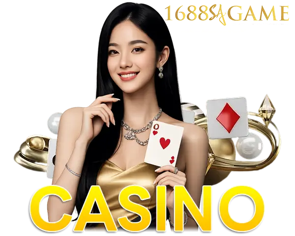 1688SAGAME คาสิโนสดเว็บตรง ภาพผู้หญิงถือไพ่บาคาร่า พร้อมชิปและเหรียญทอง โทนทองหรู สื่อถึงเกมคาสิโนออนไลน์ครบวงจรและโบนัสพิเศษ